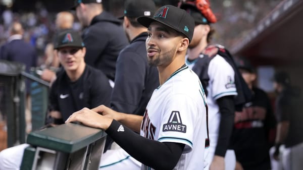 Arizona Diamondbacks infielder Jordan Lawlar (10) watches his team play the Philadelphia Phillies in the 2023 National League Championship Series at Chase Field.