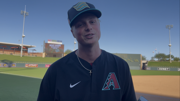 Arizona Diamondbacks prospect David Hagaman (34) talks to Michael McDermott of D-backs Under Review at Salt River Fields.